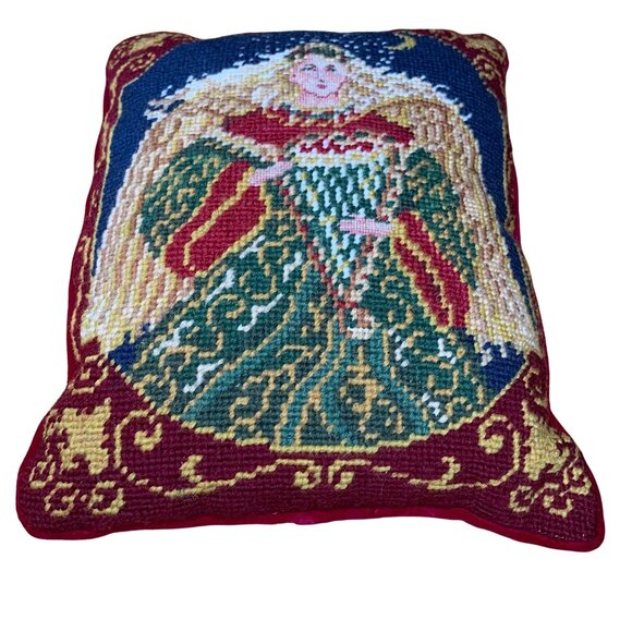 Vintage Handmade Christmas Angel Needlepoint Counted Cross Stitch Throw Pillow - Picture 2 of 6